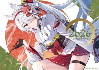 1girl 2026 animal_ears artist_name bow breasts commentary fur-trimmed_kimono fur_trim hair_bow hair_over_one_eye high_ponytail horse_ears horse_girl japanese_clothes kimono long_hair looking_at_viewer mishima_kurone obi original pleated_skirt ponytail sash skirt smoking_pipe solo symbol-only_commentary