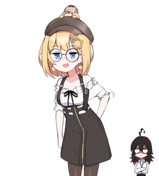 2girls ahoge animal animal_on_head animated animated_gif annoyed black_hair black_skirt blonde_hair blue_eyes breasts brown_headwear bubba_(watson_amelia) colored_inner_hair commentary dasdokter deerstalker dog dog_on_head earrings english_commentary enma-chan hair_ornament hat heart heart_earrings highres hololive hololive_english jewelry leaning_forward looping_animation medium_breasts medium_hair multicolored_hair multiple_girls off-shoulder_shirt off_shoulder on_head pantyhose red_hair round_eyewear scratching_ass shaded_face shirt skirt smile virtual_youtuber watson_amelia watson_amelia_(street_casual) white_shirt