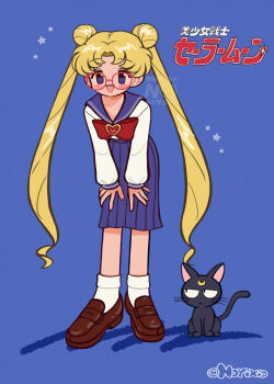 1girl artist_name bishoujo_senshi_sailor_moon black_cat blonde_hair blue_eyes blue_sailor_collar blue_skirt blush_stickers bow bowtie cat copyright_logo crescent double_bun facial_mark forehead_mark full_body hair_bun highres juuban_middle_school_uniform leaning_forward loafers logo long_hair looking_at_another looking_at_viewer luna_(sailor_moon) no_dickey norixio open_mouth red-framed_eyewear red_bow red_bowtie sailor_collar school_uniform serafuku shirt shoes skirt socks star_(symbol) tsukino_usagi twintails white_shirt white_socks