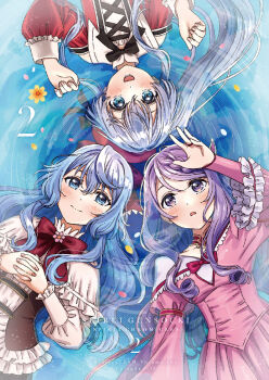 3girls blue_eyes blue_hair bow bridal_gauntlets celia_claire cover dress dvd_cover flora_beltrum grey_hair hair_bow hat liselotte_cretia multiple_girls off-shoulder_dress off_shoulder official_art pink_dress princess purple_eyes purple_hair red_hat seirei_gensouki yufu_kyouko