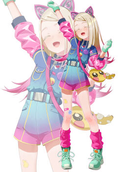 1girl :d absurdres animal_ear_hairband animal_ears aqua_gloves arm_up badge bag bandaid bandaid_on_leg belt black_belt blonde_hair blue_jacket blue_shorts blush button_badge cat_ear_hairband cat_ears closed_eyes colored_eyelashes commentary_request emoji fake_animal_ears flipped_hair full_body gakuen_idolmaster gloves gradient_clothes gradient_hair gradient_jacket gradient_shorts green_shoes hairband hand_up highres idolmaster jacket layered_sleeves leg_warmers long_hair long_sleeves meme miracle_na_now!_(idolmaster) multicolored_hair open_mouth parted_bangs pink_hair pink_jacket pink_leg_warmers pink_shorts pleading_face_emoji sad_banana_cat_(meme) shinosawa_hiro shoes short_over_long_sleeves short_sleeves shorts shoulder_bag smile sneakers solo standing sticker_on_leg swept_bangs white_background xianmianxi yellow_bag zoom_layer