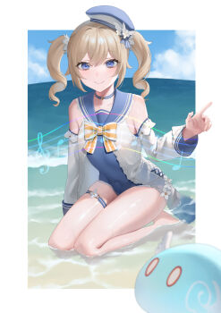 1girl arm_up arms_behind_back barbara_(genshin_impact) barbara_(summertime_sparkle)_(genshin_impact) barefoot beach blob blonde_hair blue_eyes blue_one-piece_swimsuit blue_sky blush choker collarbone commentary commentary_request day detached_sleeves drill_hair english_commentary genshin_impact gluteal_fold hair_between_eyes hair_ornament hat highres long_hair long_sleeves looking_at_viewer musical_note ocean official_alternate_costume okazaki_sato one-piece_swimsuit outdoors revision sailor_collar sidelocks sitting sky slime_(genshin_impact) solo swimsuit twin_drills twintails water waves yokozuwari