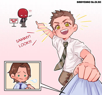 2boys batman_(series) birdyzhao_re black_gloves bodysuit brown_hair commentary dc_comics dean_winchester gloves green_eyes grey_bodysuit jason_todd looking_at_another multicolored_bodysuit multiple_boys muscular muscular_male pectorals red_hood_(dc) red_mask sam_winchester shirt short_hair simple_background superhero_costume supernatural_(tv_series) symbol-only_commentary taut_bodysuit two-tone_bodysuit upper_body