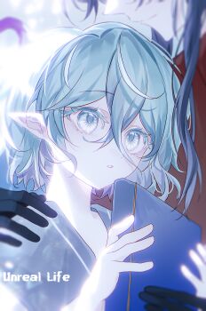 2boys absurdres aged_down backlighting black_gloves black_hair blue_eyes blue_hair blurry book child chinese_commentary closed_mouth colored_eyelashes commentary_request crossed_bangs depth_of_field double-parted_bangs english_text eyes_out_of_frame gloves grey_background grey_shirt grimrose_(plants_vs._zombies) hair_between_eyes hand_on_another&#039;s_shoulder hands_up head_out_of_frame highres holding holding_book long_hair long_sidelocks looking_at_another looking_up male_focus multiple_boys pale_skin parted_lips personification plants_vs._zombies plants_vs._zombies_2 pointy_ears profile red_shirt shadow_peashooter_(plants_vs._zombies) shirt short_hair sidelocks siiiiiiiiiii simple_background smile tareme upper_body