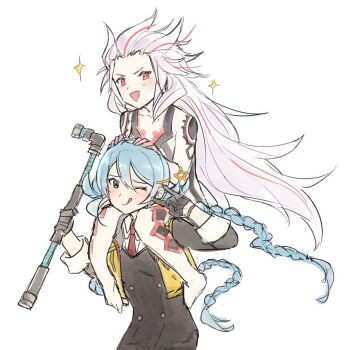 2girls :d ai_the_somnium_files ai_the_somnium_files:_nirvana_initiative aiba_(ai_the_somnium_files) barefoot black_gloves blue_eyes blue_hair blush braid closed_mouth commentary english_commentary gloves hair_between_eyes hands_on_another&#039;s_head hands_up holding holding_weapon long_hair long_sleeves looking_at_viewer multicolored_hair multiple_girls necktie okiura_mizuki one_eye_closed open_mouth red_eyes red_hair red_necktie smile star_(symbol) streaked_hair tencryingemojis tongue tongue_out twin_braids very_long_hair weapon white_background white_hair