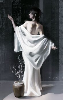 Rule 34 | 1girl, anirrie, art study, artist name, black hair, commentary, dress, english commentary, flower pot, from behind, full body, highres, original, shawl, signature, solo, white dress, white shawl