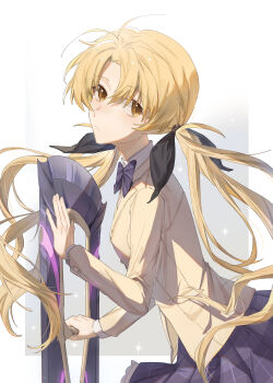 1girl absurdres ayai_hsgm blazer blonde_hair bow bowtie breasts brown_jacket chaos;head d-sword dress_shirt expressionless fingernails hair_ribbon hashtag-only_commentary highres jacket lapels long_hair long_sleeves looking_at_viewer notched_lapels orihara_kozue petticoat plaid_bow plaid_bowtie plaid_clothes plaid_skirt pleated_skirt purple_bow purple_bowtie purple_skirt red_trim ribbon school_emblem school_uniform science_adventure shirt simple_background skirt small_breasts solo suimei_academy_school_uniform twintails very_long_hair white_background white_shirt yellow_eyes