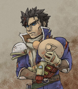 2boys backpack bag belt big_nose black_hair blood blood_in_hair blood_on_clothes blood_on_face blue_eyes blue_jacket blue_pants bracer brown_background brown_belt brown_hair captain_falcon carrying cheekbones clenched_teeth commentary_request cowboy_shot f-zero furrowed_brow gloves height_difference injury jacket long_sleeves looking_ahead male_focus multiple_boys naru_(wish_field) nintendo no_headwear olimar pain pants patch pikmin_(series) pointy_ears princess_carry red_bag red_gloves scarf short_hair single_shoulder_pad spacesuit spiked_hair studded_belt super_smash_bros. teeth thick_eyebrows torn_clothes torn_sleeves very_short_hair white_scarf yellow_gloves