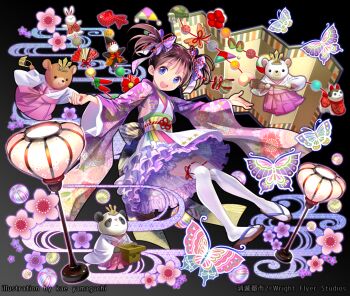 1girl black_hair blue_eyes bug butterfly commentary_request floral_print insect japanese_clothes kaekae kimono_dress lolita_fashion obi official_art original purple_ribbon ribbon ribbon-trimmed_thighhighs ribbon_trim sash short_hair shoumetsu_toshi shoumetsu_toshi_2 smile thighhighs twintails wa_lolita white_thighhighs wide_sleeves