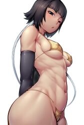 Rule 34 | 1girl, abs, alternate costume, armpit crease, arms behind back, bare shoulders, bikini, black eyes, black gloves, black hair, bleach, blunt bangs, blush, breasts, chestnut mouth, commentary request, covered erect nipples, cowboy shot, curvy, elbow gloves, eyebrows hidden by hair, from below, gloves, gold bikini, groin, highres, looking at viewer, looking down, max (maxlikeapicture), medium breasts, midriff, muscular, muscular female, navel, open mouth, short hair with long locks, shy, simple background, skindentation, solo, stomach, sui-feng, sweatdrop, swimsuit, underboob, white background