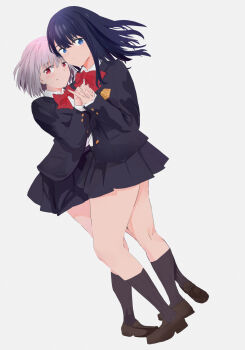 2girls a_(c3einycggcevevf) absurdres black_hair black_jacket black_skirt blue_eyes bow bowtie closed_mouth collared_shirt commentary gridman_universe highres holding_hands jacket long_hair looking_at_viewer multiple_girls pleated_skirt purple_hair red_bow red_bowtie red_eyes school_uniform shinjou_akane shirt short_hair simple_background skirt smile ssss.gridman takarada_rikka white_background