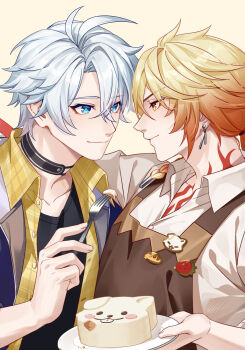 2boys alternate_costume antenna_hair apron black_choker black_shirt blonde_hair blue_eyes braid brown_apron cake chest_tattoo chinese_commentary choker collared_shirt commentary_request facial_tattoo food fork gradient_hair highres holding holding_fork holding_plate honkai:_star_rail honkai_(series) male_focus medium_hair multicolored_hair multiple_boys mydei_(delicacies)_(honkai:_star_rail) mydei_(honkai:_star_rail) neck_tattoo o8622 official_alternate_costume parted_bangs phainon_(honkai:_star_rail) plate red_hair red_tattoo shirt short_hair side_braid tattoo white_hair white_shirt yaoi yellow_eyes