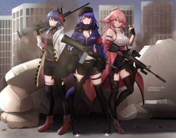 3girls absurdres alternate_costume alternate_universe animal_ear_piercing animal_ears bare_shoulders black_gloves black_hat black_scarf black_shirt black_shoes black_shorts black_skirt black_thighhighs blue_hair blue_sky blunt_bangs breasts broken_wall brown_shoes building cleavage coat collarbone collared_shirt commentary commission commissioner_name crack cracked_wall cropped_jacket crossover electro_symbol_(genshin_impact) english_commentary english_text expressionless fox_ears fox_girl friends full_body genshin_impact girls&#039;_frontline gloves gun hair_between_eyes hat headpiece high_collar highres holding holding_gun holding_weapon hood hood_down jacket kujou_sara large_breasts long_hair long_sleeves looking_at_viewer mask mask_on_head military military_hat military_jacket military_uniform mole mole_under_eye multiple_girls navel necktie off_shoulder open_clothes open_coat outdoors parted_lips pink_hair purple_eyes purple_hair purple_jacket raiden_shogun red_mask red_necktie rifle scarf see-through_clothes see-through_shirt sei_joshikou shade shirt shoes short_hair shorts sideboob skirt sky skyscraper sleeveless smile smoke sniper_rifle sniper_team standing stomach swept_bangs teeth thighhighs tomoe_(symbol) weapon yae_miko yellow_eyes