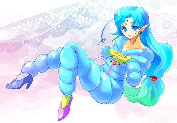 1990s_(style) 1boy androgynous bindi bishoujo_senshi_sailor_moon bishoujo_senshi_sailor_moon_supers blue_eyes blue_hair bodysuit fish_eye_(sailor_moon) full_body hair_ornament high_heels highres long_hair low-tied_long_hair male_focus manabon matching_hair/eyes nail_polish puffy_jacket retro_artstyle shoes smile solo sphere_hair_ornament