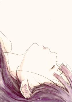 1girl absurdres bbmasa closed_eyes commentary from_side hibike!_euphonium highres lips liz_to_aoi_tori long_hair lying on_back parted_lips pink_background portrait purple_eyes simple_background solo traditional_media yoroizuka_mizore