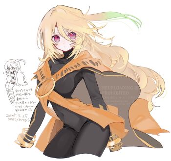 1girl absurdres ahoge artist_name black_bodysuit blonde_hair bodysuit bracelet cape chibi chibi_inset commentary_request cosplay cropped_arms cropped_legs dated dhaos_(tales) dhaos_(tales)_(cosplay) gold_bracelet gradient_hair headband highres jewelry long_hair milla_maxwell multicolored_hair nancykittyu navel orange_cape red_eyes red_headband simple_background skin_tight solo tales_of_(series) tales_of_phantasia tales_of_xillia translation_request white_background