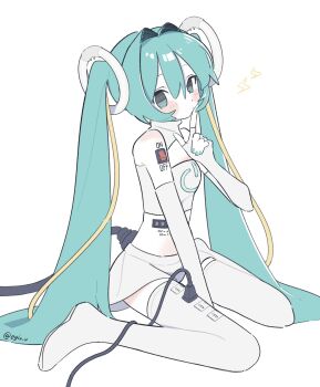 1girl alternate_costume aqua_eyes aqua_hair aqua_nails bare_shoulders blush boots breasts cleavage_cutout closed_mouth clothing_cutout crop_top eguwi electric_plug electrical_outlet english_text fingerless_gloves gloves hair_intakes hatsune_miku headgear highres index_finger_raised lightning_bolt_symbol long_hair looking_at_viewer midriff miniskirt power_symbol shirt simple_background sitting skirt sleeveless sleeveless_shirt small_breasts solo switch thigh_boots twintails twitter_username vocaloid wariza white_background white_boots white_shirt white_skirt