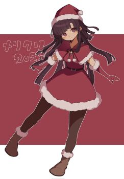 1girl black_hair brown_shoes capelet commentary danganronpa_(series) danganronpa_2:_goodbye_despair dress fur-trimmed_capelet fur-trimmed_dress fur-trimmed_headwear fur_trim hat highres long_hair looking_at_viewer mi_shengwu_3.2_hao mole mole_under_eye santa_costume santa_dress santa_hat shoes short_sleeves smile solo symbol-only_commentary tsumiki_mikan