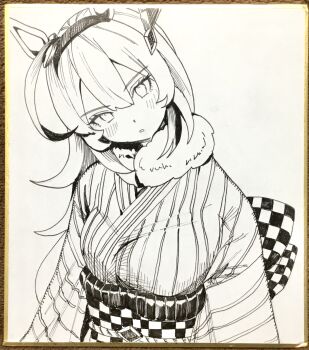 Rule 34 | 1girl, ahoge, animal ears, checkered sash, commentary request, fur collar, greyscale, hair ornament, hairband, head tilt, highres, horse ears, horse girl, huge ahoge, japanese clothes, kimono, long hair, looking at viewer, mihono bourbon (umamusume), monochrome, obi, parted lips, pen (medium), sash, shikishi, simple background, solo, striped clothes, striped kimono, traditional media, umamusume, upper body, white background, yomean!