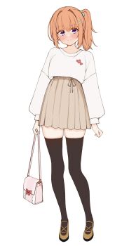 1girl parallel_hairclips arms_at_sides bag blush brown_shoes brown_skirt cafe_stella_to_shinigami_no_chou closed_mouth commentary eyes_visible_through_hair full_body hair_between_eyes hair_bobbles hair_intakes hair_ornament hairclip handbag happy heart heart_print high-waist_skirt highres holding holding_bag long_sleeves looking_at_viewer medium_hair orange_hair pink_bag pleated_skirt print_shirt puffy_long_sleeves puffy_sleeves purple_eyes shirt shoes side_ponytail sidelocks simple_background skirt smile solo split_mouth standing sumizome_nozomi tft_(tft7822) thighhighs white_background white_shirt white_thighhighs zettai_ryouiki