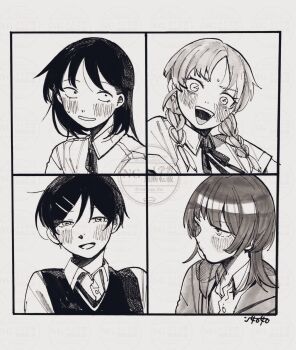 4girls :d blush braid collared_shirt commentary_request dress_shirt fujii_ayame futsuu_no_keion-bu greyscale hair_ornament hairpin hatono_chihiro heartbreak_(futsuu_no_keion-bu) highres hood hooded_jacket jacket kouyama_rin long_hair marker_(medium) mole mole_under_eye monochrome multiple_girls neck_ribbon nikujaga_like open_clothes open_jacket open_mouth parted_bangs pen_(medium) pixie_cut portrait ribbon school_uniform shirt short_hair short_sleeves signature smile sweater_vest traditional_media twin_braids uchida_momo watermark wolf_cut
