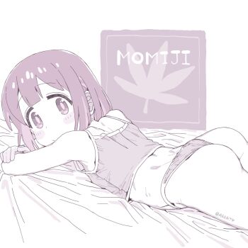 Rule 34 | 1girl, :/, ass, bare arms, bare shoulders, bed sheet, blunt bangs, blush stickers, camisole, character name, commentary, dot nose, greyscale, highres, hozuki momiji, looking at viewer, lying, matado (almukha), monochrome, on stomach, onii-chan wa oshimai!, panties, short hair, solo, thong, twitter username, underwear