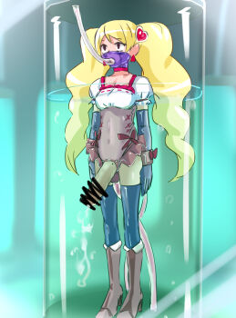 Rule 34 | 1futa, blonde hair, boots, bow, brown eyes, censored, choker, cum, cure peach, earrings, ejaculation, elbow gloves, empty eyes, expressionless, fresh precure!, full body, futanari, futasub, glass, gloves, hair ornament, hairpin, heart, heart hair ornament, jewelry, knee boots, large penis, long hair, magical girl, mask, momozono love, penis, pink choker, pink wrist cuffs, precure, raitaroo, solo, standing, thighhighs, twintails, wrist cuffs