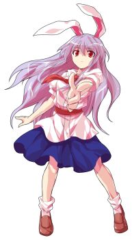 1girl alphes_(style) animal_ears blue_skirt bobby_socks brown_shoes buttons carrot collared_shirt commentary_request dairi dress_shirt full_body hair_between_eyes highres large_variant_set legs_apart long_hair necktie parody pointing pointing_at_viewer puffy_short_sleeves puffy_sleeves purple_hair rabbit_ears red_eyes red_necktie reisen_udongein_inaba shirt shoes short_sleeves skirt socks solo standing style_parody tachi-e touhou transparent_background variant_set very_long_hair white_shirt white_socks