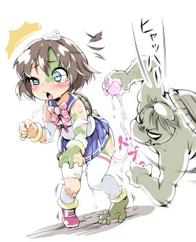 1boy 1girl ahegao blush colored_skin frog_girl green_skin hansharu_(foxbut) highres kappa molestation monster naughty_face original personality_excretion saliva shirikodama short_hair stocking tongue tongue_out torn_clothes transformation