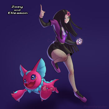 Rule 34 | absurdres, belt, black eyes, black hair, blue sclera, claws, colored sclera, digimon, digimon (creature), digivice, elizamon, flower, highres, legendary tamer, long hair, open mouth, ribbon, running, skirt, skull, tail