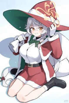 1girl absurdres adjusting_clothes adjusting_headwear alternate_costume artist_name belt black_boots blue_archive boots bow bowtie braid breasts christmas commentary commentary_request diagonal-striped_bow diagonal-striped_bowtie diagonal-striped_clothes dress_shirt english_commentary eri_(blue_archive) full_body fur-trimmed_jacket fur-trimmed_shawl fur-trimmed_skirt fur_trim gloves green_bow grin hair_between_eyes hair_ornament halo hat highres holding holding_sack holly_hair_ornament jacket korean_commentary large_breasts light_blush long_hair long_sleeves mixed-language_commentary orange_eyes orange_halo red_hat red_jacket red_shawl red_skirt sack sack_behind_back santa_costume shawl shirt side_halo sitting skirt smile solo striped_bow striped_bowtie striped_clothes textless_version tilted_halo twitter_username two-sided_fabric two-sided_headwear ujuro undershirt very_long_hair wariza white_gloves white_hair white_shirt witch_hat