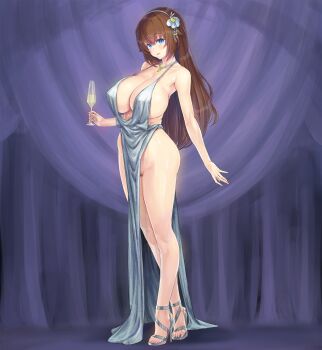 1girl azur_lane blue_eyes breasts brown_hair champagne_flute commentary_request cosplay cup dress drinking_glass female_pubic_hair fujisaki_yua full_body high_heel_sandals highres huge_breasts kikuru_(vtuber) kiyama_satoshi large_breasts long_hair looking_at_viewer no_panties pubic_hair sandals silver_dress smile solo st._louis_(azur_lane) st._louis_(azur_lane)_(cosplay) standing virtual_youtuber