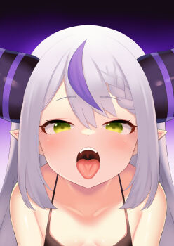 1girl absurdres atg_(wttoo0202) bare_shoulders blush braid camisole collarbone commentary demon_girl demon_horns fangs gradient_background green_eyes grey_hair hair_between_eyes highres hololive holox horns la+_darknesss loli long_hair looking_at_viewer multicolored_hair open_mouth oral_invitation pointy_ears purple_background purple_hair saliva shiny_skin sidelocks solo spaghetti_strap streaked_hair striped_horns tongue tongue_out upper_body uvula virtual_youtuber waiting_for_cum
