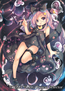 1girl black_bow black_one-piece_swimsuit black_shoes blue_hair bow braid breasts character_request closed_mouth copyright_notice fish hair_bow hair_ornament looking_at_viewer lying mayusaki_yuu medium_hair multicolored_hair official_art on_back one-piece_swimsuit pink_hair purple_eyes shoes small_breasts smile solo star_(symbol) star_hair_ornament streaked_hair swimsuit thigh_strap twin_braids water wixoss