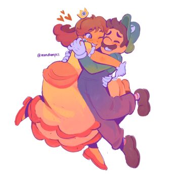 Rule 34 | 1boy, 1girl, absurdres, artist name, blue eyes, blue overalls, brown hair, brown shoes, closed eyes, crown, dress, earrings, facial hair, flower earrings, gloves, green shirt, heart, highres, hug, jewelry, long hair, luigi, mandumpss, mario (series), mustache, nintendo, one eye closed, orange dress, orange shoes, overalls, princess daisy, puffy short sleeves, puffy sleeves, shirt, shoes, short sleeves, simple background, socks, striped clothes, striped socks, white background, white gloves