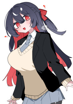 1girl :d absurdres black_hair black_jacket black_pantyhose blunt_ends blush bow braid breasts cardigan center-flap_bangs collared_shirt colored_inner_hair commentary_request double-parted_bangs dutch_angle grey_necktie grey_skirt hair_between_eyes hair_bow head_tilt heart highres himeka_(oimotororo1116) huge_breasts jacket looking_at_viewer multicolored_hair nape_braid necktie oimotororo1116 open_clothes open_jacket open_mouth original pantyhose pleated_skirt ponytail red_bow red_eyes red_hair school_uniform shirt skirt smile solo standing thick_eyelashes upper_body white_shirt yellow_cardigan