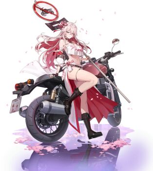 Rule 34 | 1girl, armband, arunka (epic seven), bad link, bare shoulders, black armband, boots, boss arunka (epic seven), braid, brown boots, chest sarashi, choker, coat, colored inner hair, crop top, crop top overhang, crossed bangs, delinquent, epic seven, fingerless gloves, flower, flower choker, flower tattoo, fold-over boots, gloves, hair flower, hair ornament, half-skirt, highres, holding road sign, jewelry, lace-up boots, long hair, long skirt, motor vehicle, motorcycle, multicolored hair, o-ring, o-ring choker, off shoulder, official alternate costume, official art, open clothes, open coat, petals, pink flower, pink hair, red eyes, red hair, reflection, road sign, sarashi, shirt, sign, skirt, tattoo, thighlet, thighs, transparent background, tsurime, two-sided fabric, two-sided skirt, white coat, white shirt, white skirt