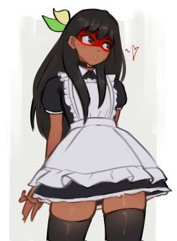 Rule 34 | 1girl, absurdres, alternate costume, apron, black dress, black hair, black thighhighs, brchan, collared dress, cowboy shot, dark-skinned female, dark skin, dress, enmaided, facepaint, frilled apron, frills, green hairband, hairband, heart, highres, kuruminha, long hair, maid, maid apron, short sleeves, simple background, solo, sorapoi, teeth, thighhighs, unfinished, white background, zettai ryouiki