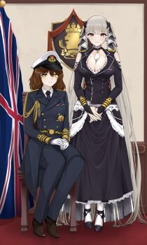 2girls absurdres alternate_costume arm_cutout azur_lane belt belt_buckle between_breasts black_footwear blue_necktie breasts brown_footwear brown_hair buckle buttons chair cleavage clothing_cutout commander_(azur_lane) commentary commission curly_hair double-breasted dress dress_pants earrings emblem english_commentary epaulettes female_commander_(azur_lane) formidable_(azur_lane) frilled_dress frilled_jacket frills full_body gloves grey_hair hair_ornament hair_ribbon hair_spread_out hat high_heels highres jacket jewelry lapels large_breasts long_hair long_sleeves looking_at_viewer low_twintails medal medium_breasts medium_hair military military_hat military_jacket military_uniform multiple_girls naval_uniform necktie necktie_between_breasts notjapanesesushi own_hands_together oxfords pantyhose peaked_cap portrait red_eyes ribbon ribbon_bar royal_navy_emblem_(azur_lane) shirt sitting smile teeth twintails two-tone_ribbon union_jack very_long_hair white_gloves white_pantyhose white_shirt yellow_eyes