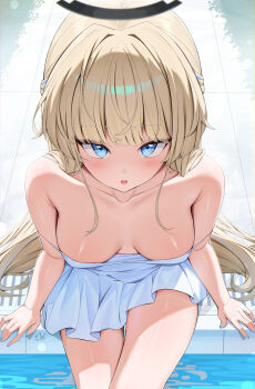 1girl absurdres alternate_costume arm_support blonde_hair blue_archive blue_eyes blush breasts collarbone commentary_request double_strap_slip dress from_above halo highres long_hair looking_at_viewer medium_breasts open_mouth poolside rosumerii sitting solo strap_slip strapless strapless_dress toki_(blue_archive) white_dress