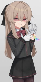 Rule 34 | 1girl, :>, absurdres, alt text, black jacket, black pantyhose, black ribbon, black skirt, borrowed character, bow, bowtie, brown hair, brown twintails girl (yakob labo), closed mouth, collared shirt, commentary request, cowboy shot, double-parted bangs, dress shirt, evil smile, gift art, gloves, grey background, hair between eyes, hair ribbon, hands up, happy birthday, highres, jacket, long hair, long sidelocks, long sleeves, looking at viewer, miniskirt, open hand, original, origumi, palms, pantyhose, pink eyes, pleated skirt, rainbow text, red bow, red bowtie, removing glove, ribbon, school uniform, shaded face, shirt, sidelocks, signature, simple background, skirt, slit pupils, smile, solo, spread fingers, translation request, twintails, white gloves, white shirt