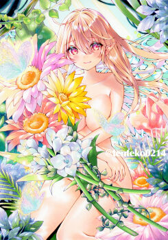 1girl absurdres blonde_hair blush breasts bug butterfly closed_mouth collarbone commentary_request completely_nude convenient_censoring floating_hair flower hair_between_eyes highres insect large_breasts long_bangs long_hair marker_(medium) nail_polish nude original pink_eyes pink_flower pink_nails pointy_ears sitting smile solo tentekomai_(tenteko0214) traditional_media twitter_username white_flower yellow_flower