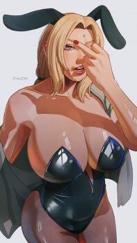1girl absurdres animal_ears artist_name black_leotard blonde_hair breasts drawink facial_mark fake_animal_ears forehead_mark highres large_breasts leotard looking_at_viewer mature_female middle_finger nail_polish naruto_(series) orange_eyes playboy_bunny ponytail rabbit_ears red_nails solo strapless strapless_leotard tsunade_(naruto) white_background