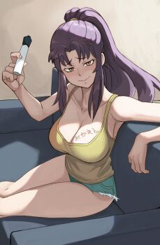 1girl absurdres bare_legs blush body_writing breasts chair cleavage collarbone commentary denim denim_shorts facing_to_the_side fingernails hair_between_eyes highres holding holding_marker katsuragi_misato leaning_to_the_side long_hair long_sidelocks looking_at_viewer marker milkmountain neon_genesis_evangelion on_chair ponytail purple_hair shorts sidelocks sitting solo tank_top translation_request