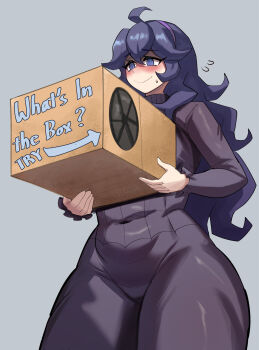 1girl @_@ ahoge blush box dress english_text eyelashes grey_background hex_maniac_(pokemon) hex_maniac_(pokemon_xy) highres holding holding_box long_hair matching_hair/eyes mystery_box navel nintendo plump pokemon pokemon_xy purple_dress purple_eyes purple_hair shiny_clothes shiny_skin smile solo thick_thighs thighs wide_hips ytrall