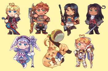 3girls 4boys :d ahoge black_capelet black_hair black_shirt blonde_hair blue_eyes boots brown_eyes capelet chibi chibi_only dark-skinned_male dark_skin dunban_(xenoblade) fiora_(xenoblade) goggles goggles_around_neck green_eyes grey_hair gun heart heart_ahoge highres holding holding_gun holding_staff holding_sword holding_weapon hoshizora_lone jacket leg_up mecha-fiora melia_antiqua midriff mole mole_under_eye monado multiple_boys multiple_girls navel one_eye_closed open_mouth orange_hair red_jacket reyn_(xenoblade) riki_(xenoblade) sharla_(xenoblade) shirt shulk_(xenoblade) simple_background smile spoilers staff sword weapon xenoblade_chronicles_(series) xenoblade_chronicles_1 yellow_background