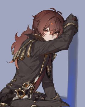 1boy black_gloves closed_mouth commentary_request diluc_(genshin_impact) genshin_impact gloves hair_between_eyes highres long_hair long_sleeves looking_at_viewer male_focus ponytail red_eyes red_hair solo tassel zehuij