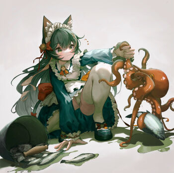 1girl animal animal_ear_fluff animal_ears apron bell black_hair black_shoes blonde_streaks bucket cat_ears cat_girl cat_tail commentary_request drawer_bushi_huajia expressionless fighting_over_food fish fish_in_bucket flying_sweatdrops frilled_apron frills frown green_eyes grey_background hair_ornament hair_ribbon hairclip highres holding holding_animal jingle_bell long_hair maid maid_apron maid_headdress multicolored_hair octopus original panties red_ribbon ribbon shoes simple_background solo squatting streaked_hair tail tail_ornament tail_ribbon thighhighs underwear very_long_hair white_panties white_thighhighs