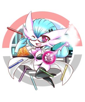 1girl alternate_color black_panties black_thighhighs blue_hair blue_skin bob_cut colored_skin commission dr._voir_(nanosheep) gardevoir gen_3_pokemon glasses highres kiritaki lab_coat looking_at_viewer multicolored_skin nintendo one_eye_closed open_mouth panties pokemon pokemon_(creature) purple_eyes semi-rimless_eyewear shiny_pokemon skeb_commission smile thighhighs two-tone_skin underwear white_skin