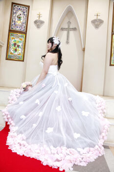 1girl asian black_hair breasts bride chouzuki_maryou cleavage dress highres lipstick makeup photo_(medium) plump solo wedding_dress